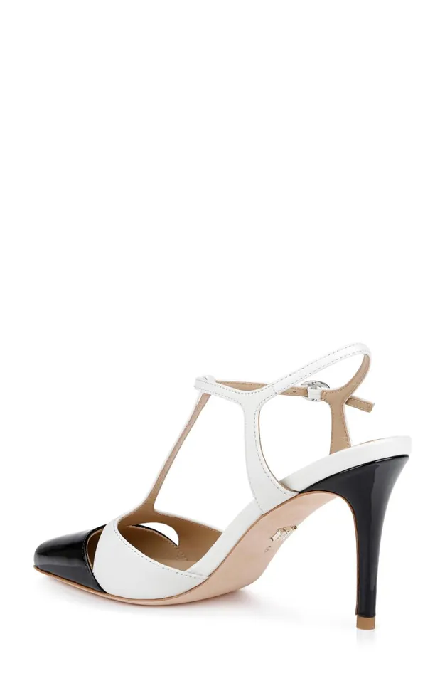 Women Stiletto Badgley Mischka Aurelia Capped Toe TStrap Stiletto Heels Black Leather