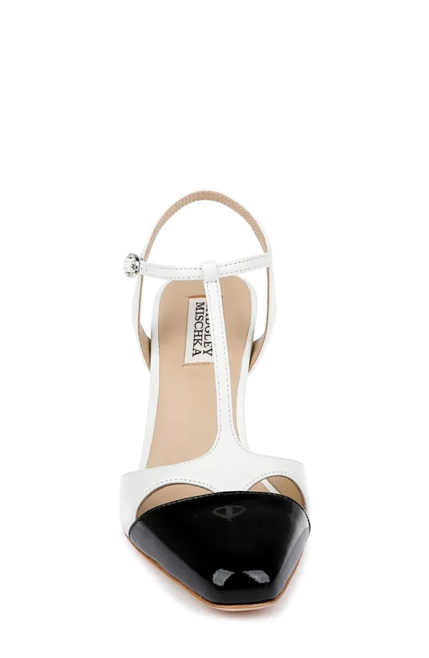 Women Stiletto Badgley Mischka Aurelia Capped Toe TStrap Stiletto Heels Black Leather