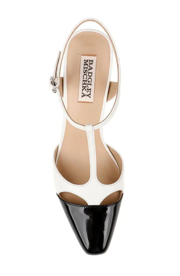 Women Stiletto Badgley Mischka Aurelia Capped Toe TStrap Stiletto Heels Black Leather