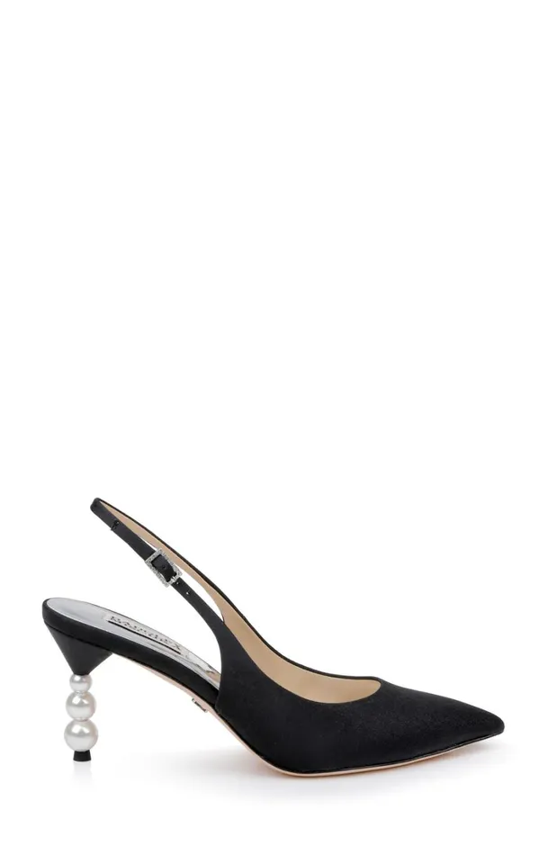 Women Stiletto Badgley Mischka Beatrix PointedToe Slingback Heels With PearlBeaded Heel Black
