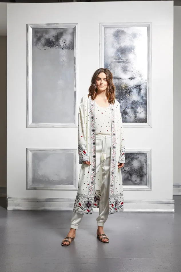 Women Suits Badgley Mischka Georgette Printed Duster Jacket Ivory Multi Women Suits Badgley Mischka Georgette Printed Duster Jacket Ivory Multi