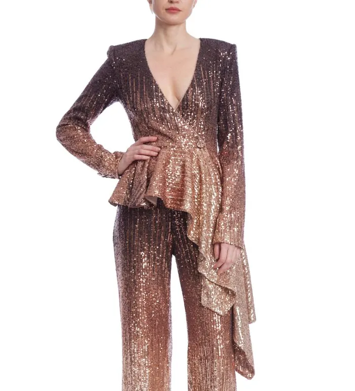 Women Suits Badgley Mischka Ombre Sequin Peplum Jacket Bronze Multi