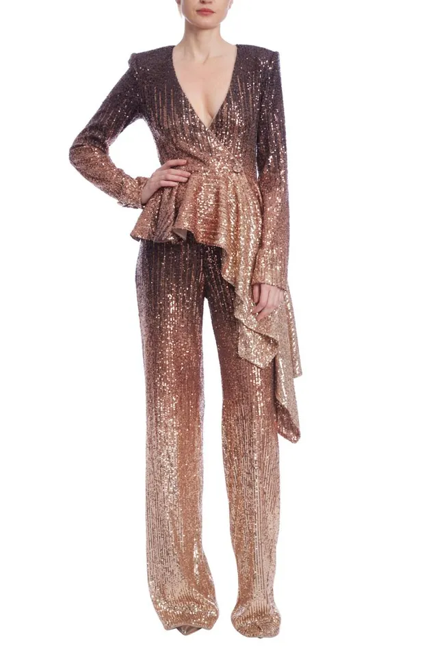 Women Suits Badgley Mischka Ombre Sequin Peplum Jacket Bronze Multi