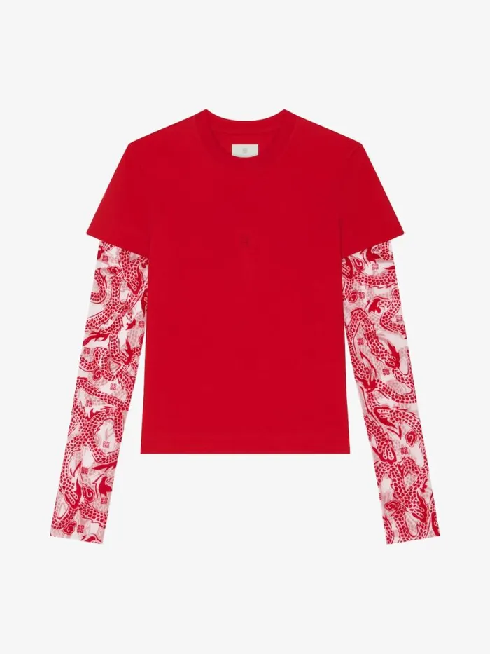 Women TShirts Givenchy Overlapped Tshirt In Cotton And 4G Dragon Tulle Vermillon Women TShirts Givenchy Overlapped Tshirt In Cotton And 4G Dragon Tulle Vermillon