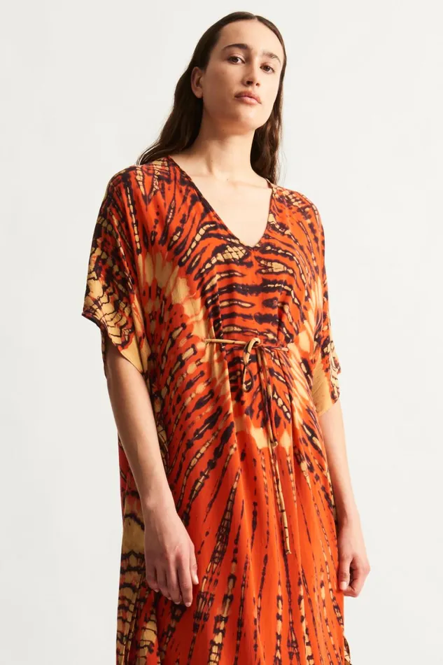 Women Tomato And Navy Kigali Silk Caftan Raquel Allegra Dresses
