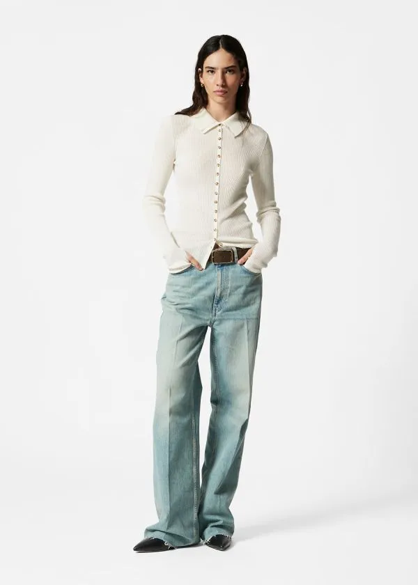 Women Tops and Tshirts and Other Stories Ribbed ButtonDetail Top Cream