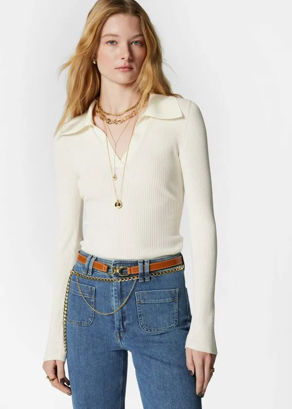 Women Tops and Tshirts and Other Stories Ribbed Polo Top Ivory