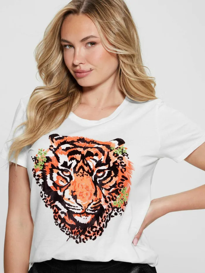 Women Tops GUESS Tiger Rhinestone Tee Cream White Multi