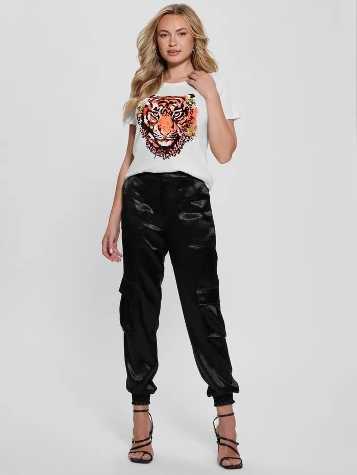Women Tops GUESS Tiger Rhinestone Tee Cream White Multi Women Tops GUESS Tiger Rhinestone Tee Cream White Multi