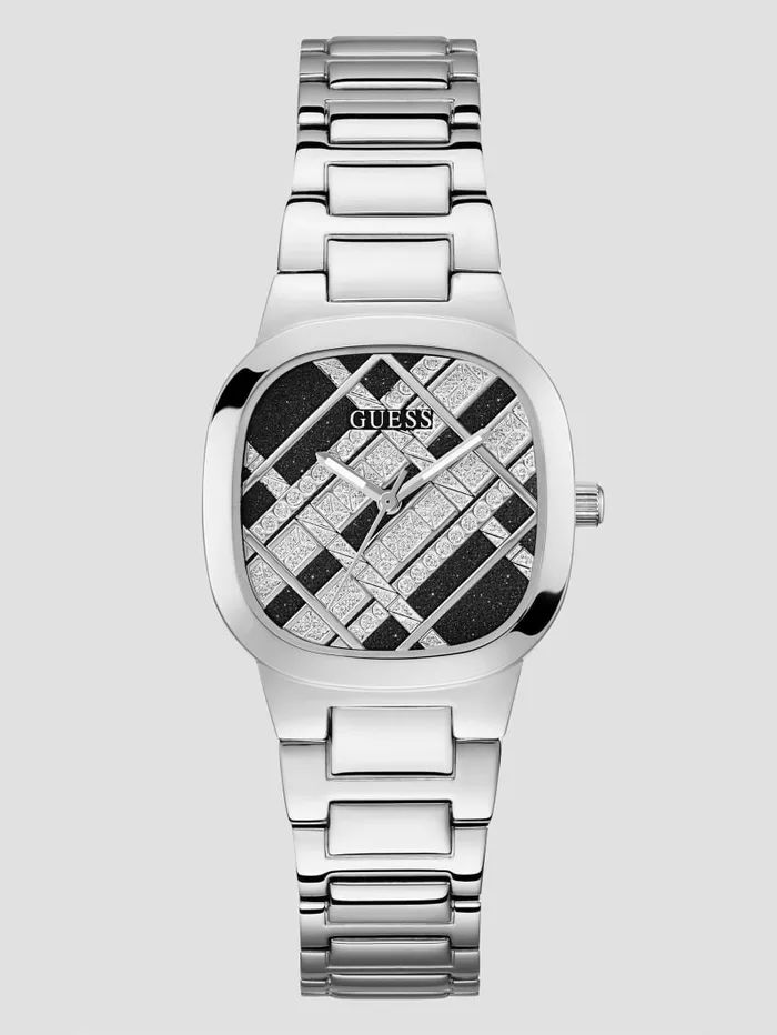 Women Watches GUESS SilverTone and Black Glitter Analog Watch Silver